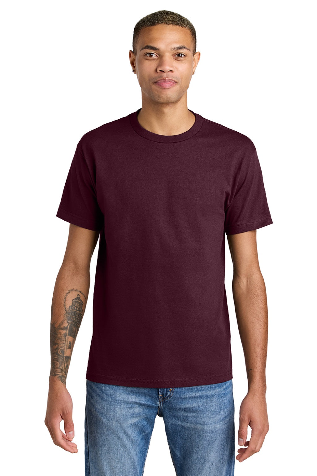 American Apparel 1301 Mens Short Sleeve Crewneck T-Shirt Burgundy Model Front