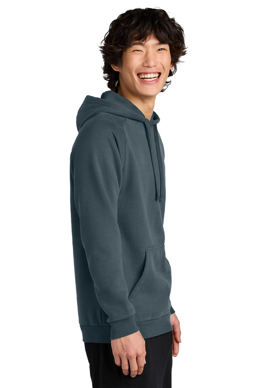 District DT7800 Mens Cloud Fleece Hooded Sweatshirt Hoodie w/ Pouch Pocket Deep Steel Blue Model Side