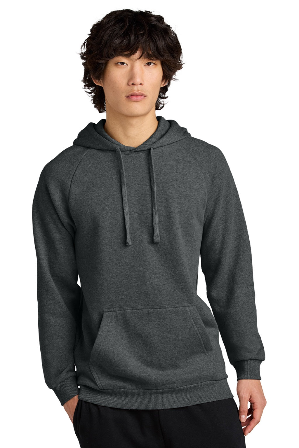 District DT7800 Mens Cloud Fleece Hooded Sweatshirt Hoodie w/ Pouch Pocket Heather Charcoal Grey Model Front