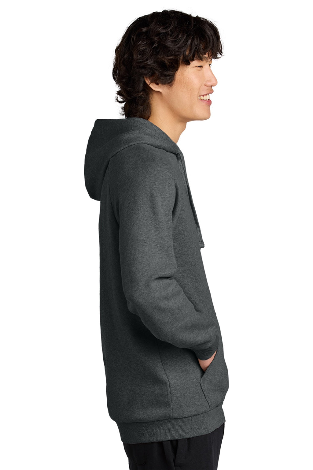 District DT7800 Mens Cloud Fleece Hooded Sweatshirt Hoodie w/ Pouch Pocket Heather Charcoal Grey Model Side