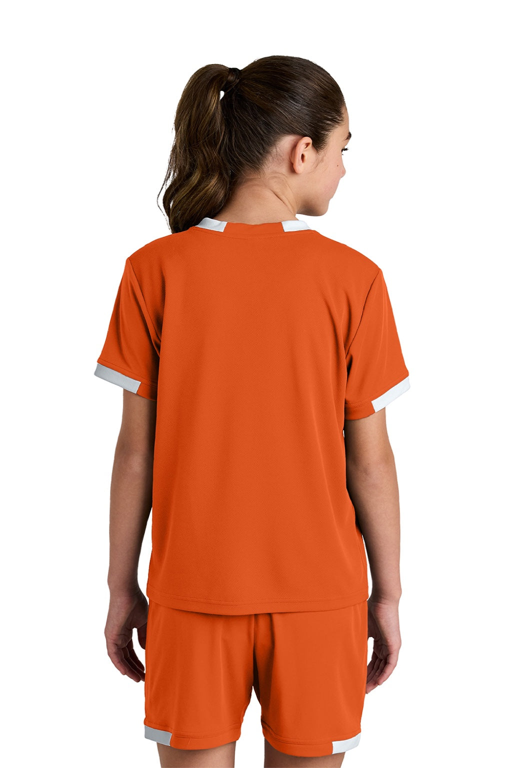 Sport-Tek YST440 Youth Club Moisture Wicking Short Sleeve Crewneck T-Shirt Deep Orange/White Model Back
