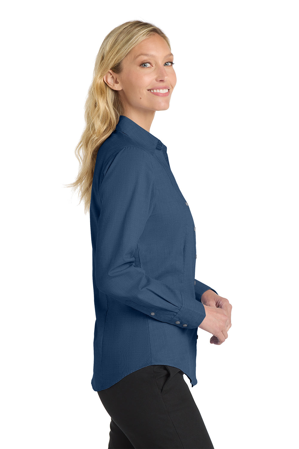 Port Authority L640 Womens Easy Care Wrinkle Resistant Long Sleeve Button Down Shirt Deep Blue Model Side