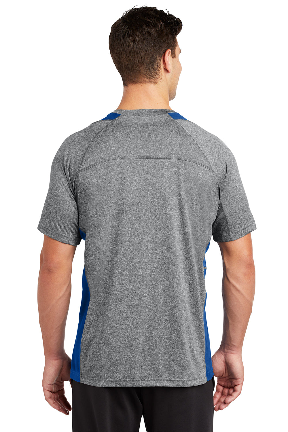 Sport-Tek ST361 Mens Contender Heather Moisture Wicking Short Sleeve Crewneck T-Shirt Heather Vintage Grey/True Royal Blue Model Back