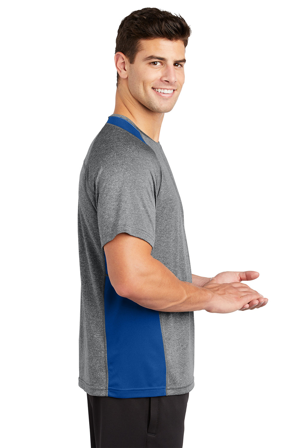 Sport-Tek ST361 Mens Contender Heather Moisture Wicking Short Sleeve Crewneck T-Shirt Heather Vintage Grey/True Royal Blue Model Side