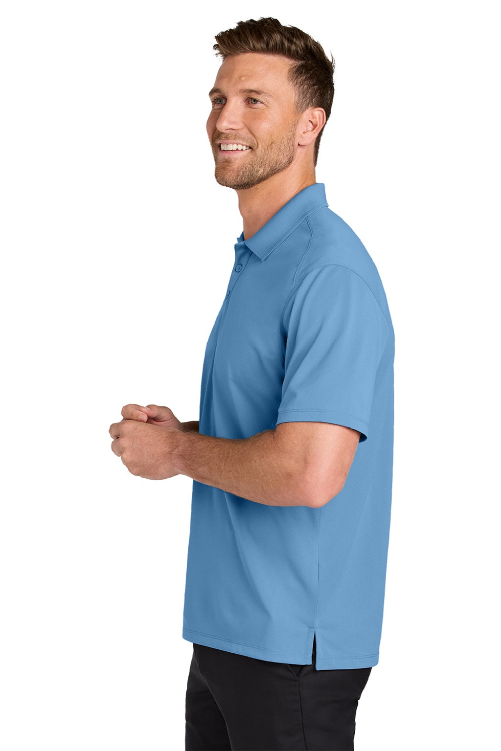 Port Authority K240 Mens Wearever Moisture Wicking Pique Short Sleeve Polo Shirt Carolina Blue Model Side