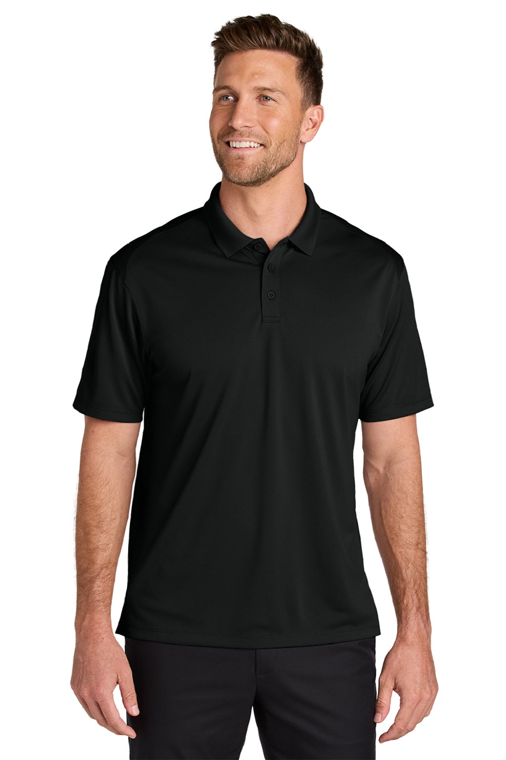 Port Authority K240 Mens Wearever Moisture Wicking Pique Short Sleeve Polo Shirt Deep Black Model Front