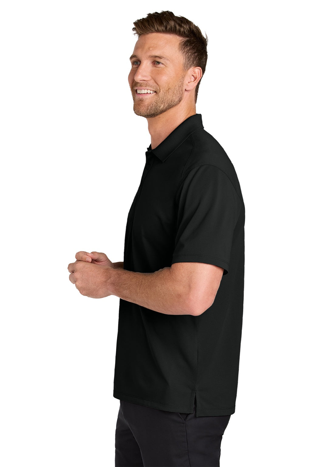 Port Authority K240 Mens Wearever Moisture Wicking Pique Short Sleeve Polo Shirt Deep Black Model Side