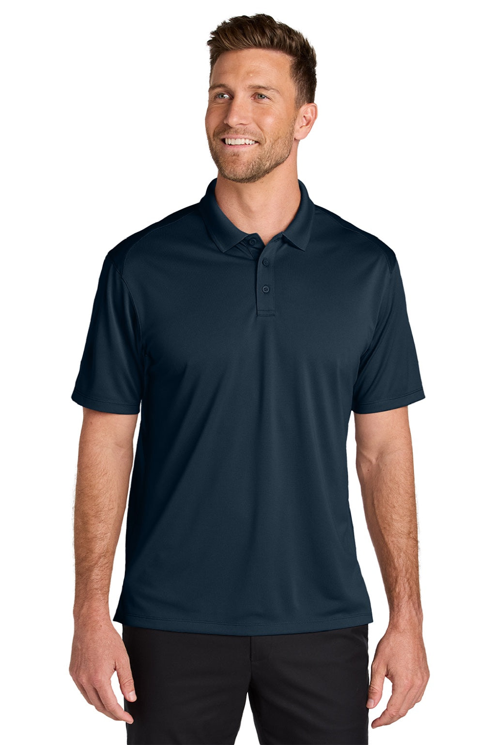 Port Authority K240 Mens Wearever Moisture Wicking Pique Short Sleeve Polo Shirt River Navy Blue Model Front