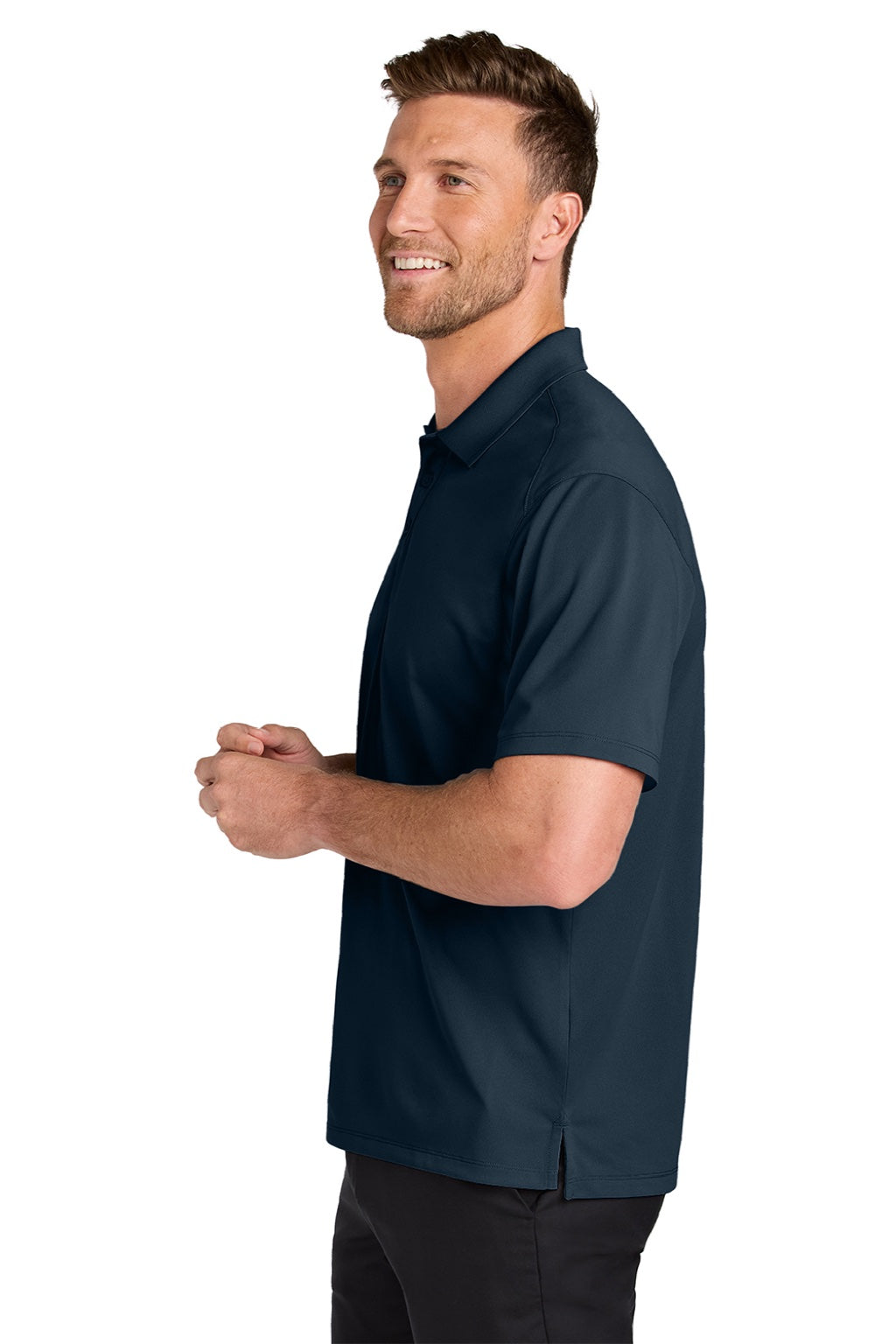 Port Authority K240 Mens Wearever Moisture Wicking Pique Short Sleeve Polo Shirt River Navy Blue Model Side