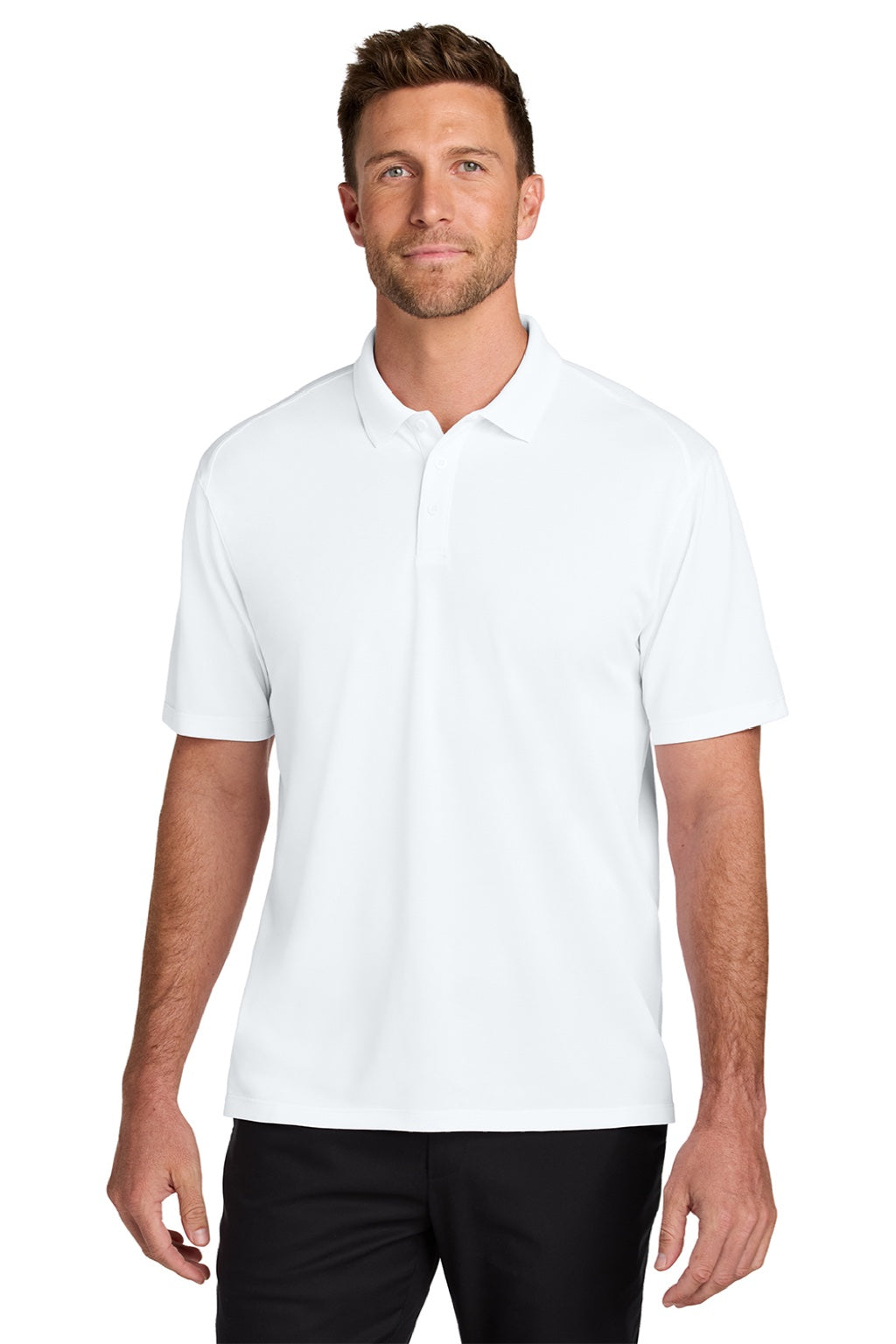 Port Authority K240 Mens Wearever Moisture Wicking Pique Short Sleeve Polo Shirt White Model Front