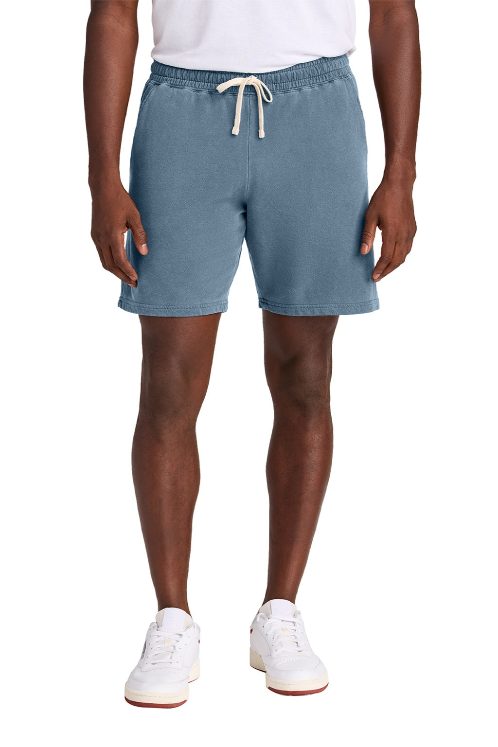 Comfort Colors 1468 Mens Garment Dyed Fleece Shorts w/ Pockets Blue Jean Model Front