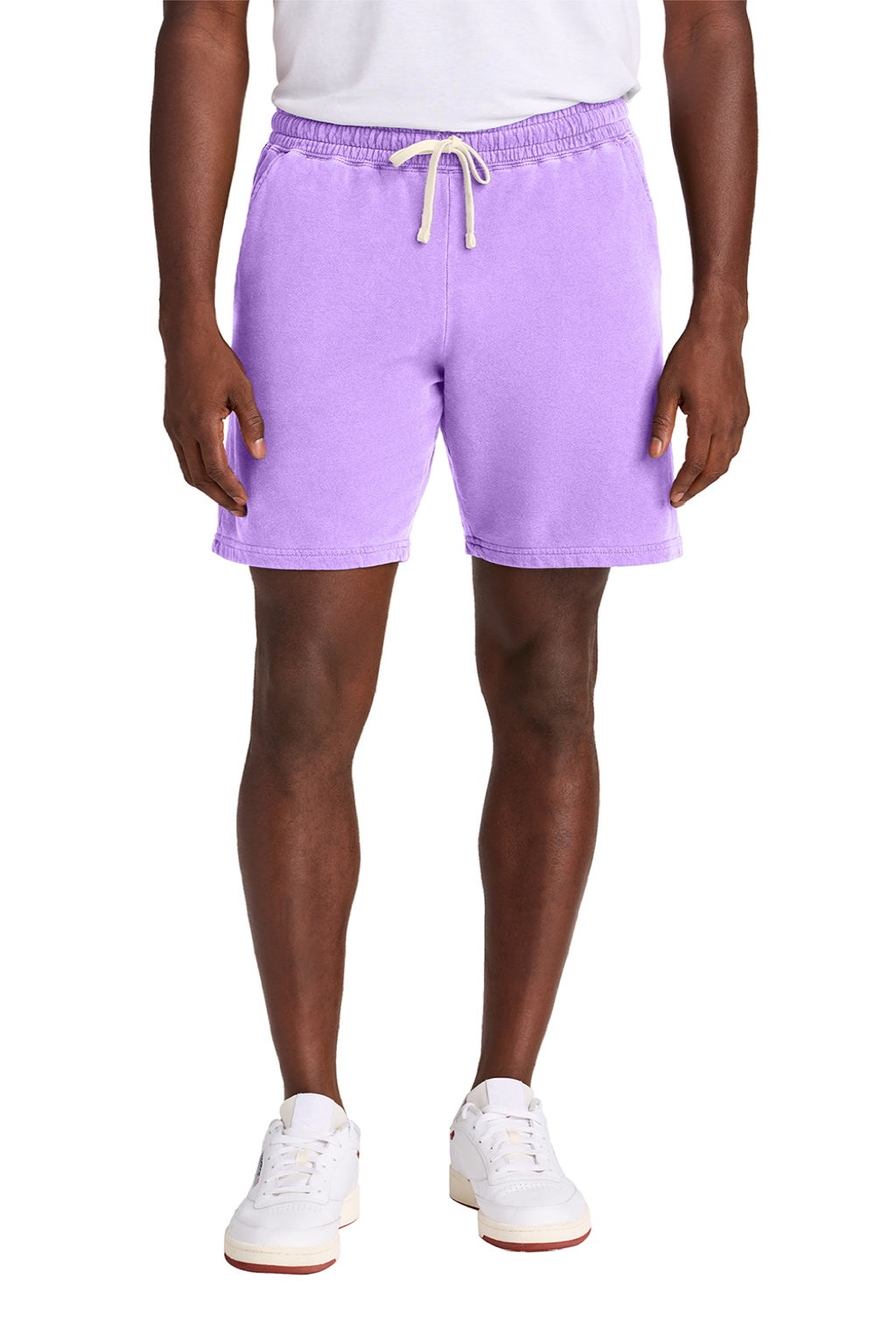 Comfort Colors 1468 Mens Garment Dyed Fleece Shorts w/ Pockets Neon Violet Purple Model Front