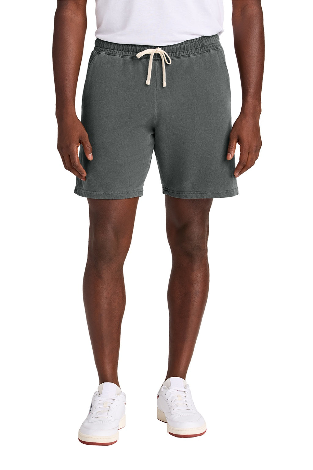 Comfort Colors 1468 Mens Garment Dyed Fleece Shorts w/ Pockets Pepper Model Front