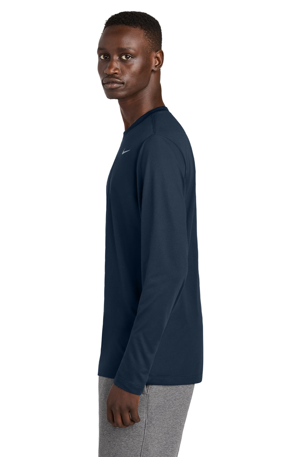 Nike NKHQ4550 Mens Team rLegend Long Sleeve Crewneck T-Shirt Collegiate Navy Blue Model Side