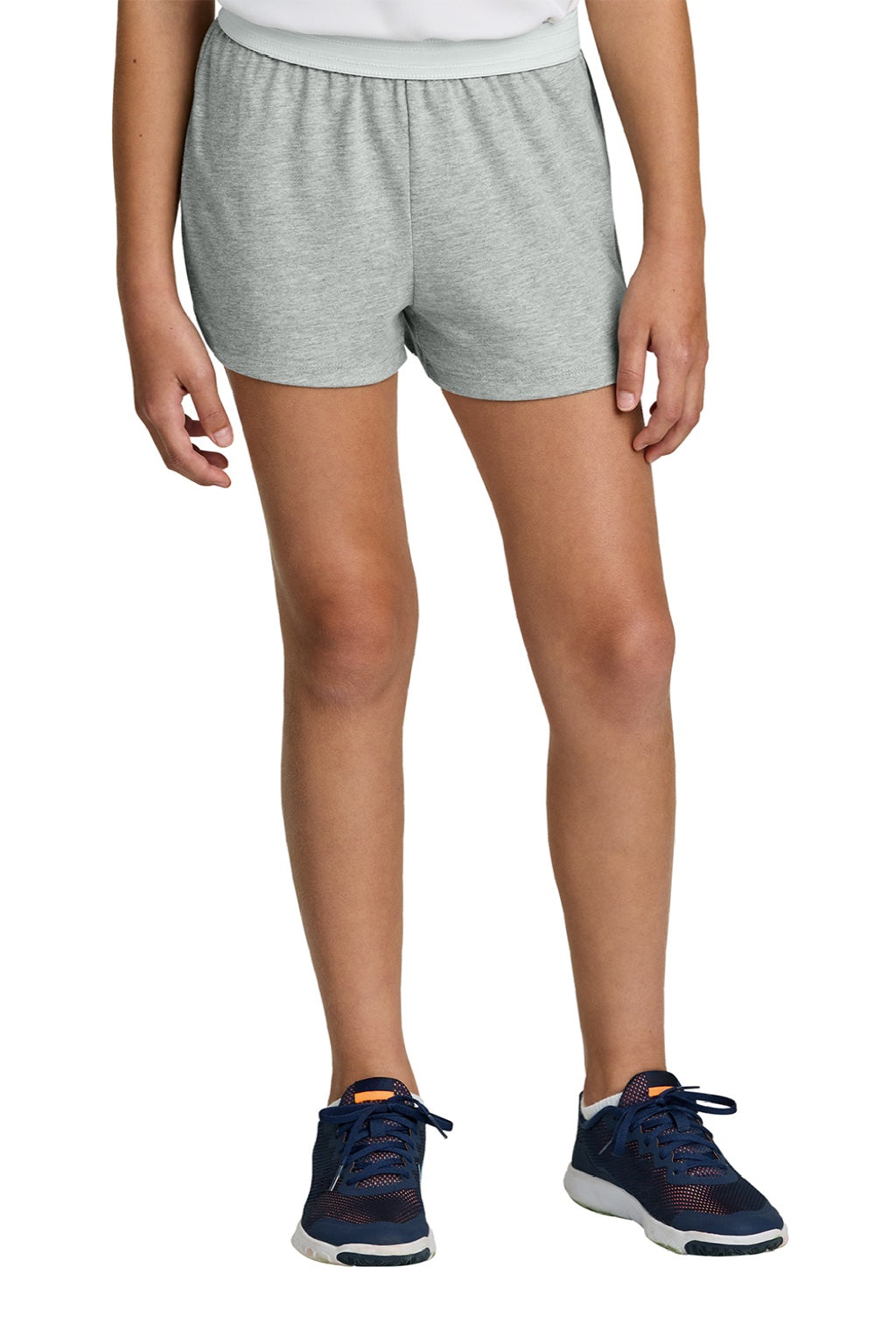 Sport-Tek YGST311 Youth Girls Jersey Knit Squad Shorts Heather Grey Model Front