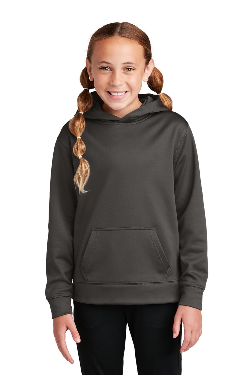 Sport-Tek YST244 Youth Sport-Wick Moisture Wicking Fleece Hooded Sweatshirt Hoodie w/ Pouch Pocket Iron Grey Model Front