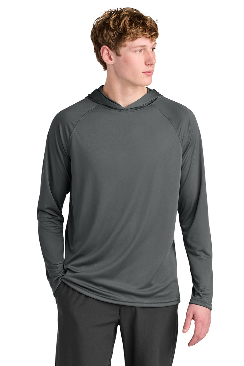 A4 A4N3409 Mens Performance Moisture Wicking Long Sleeve Hooded T-Shirt Hoodie Graphite Grey Model Front