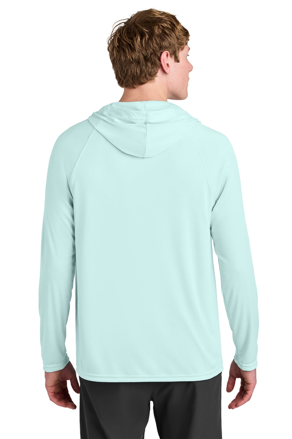 A4 A4N3409 Mens Performance Moisture Wicking Long Sleeve Hooded T-Shirt Hoodie Pastel Blue Model Back