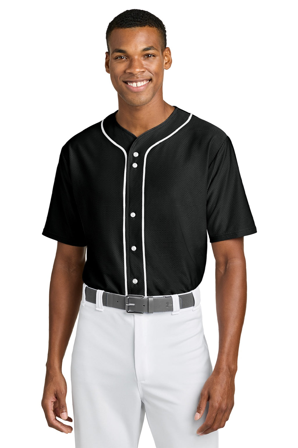 A4 A4N4184 Mens Short Sleeve Full Button Baseball Jersey Black Model Front