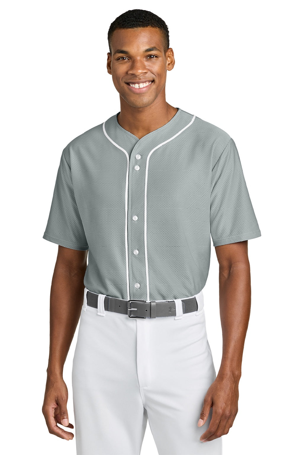 A4 A4N4184 Mens Short Sleeve Full Button Baseball Jersey Grey Model Front