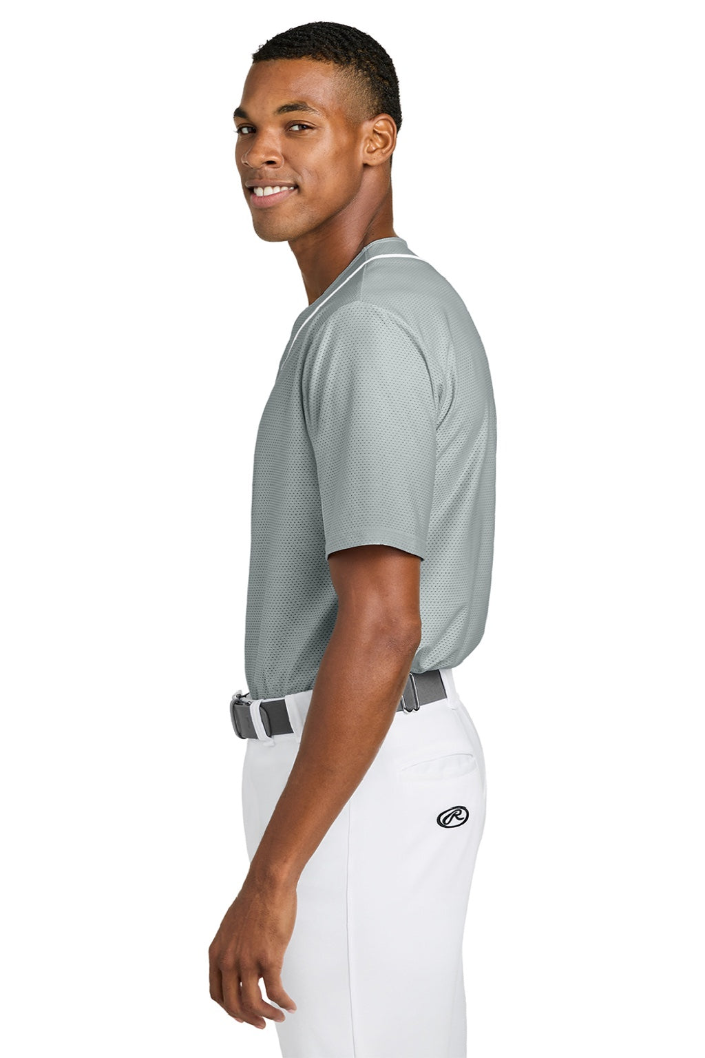 A4 A4N4184 Mens Short Sleeve Full Button Baseball Jersey Grey Model Side