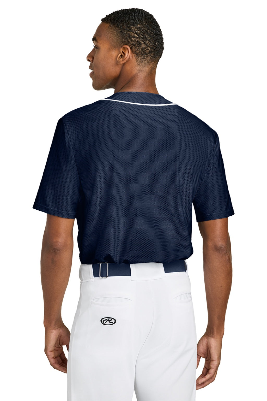 A4 A4N4184 Mens Short Sleeve Full Button Baseball Jersey Navy Blue Model Back
