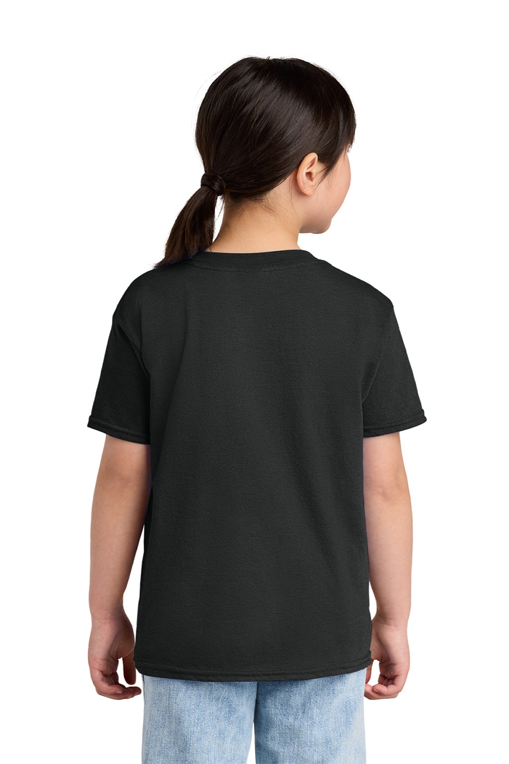 Gildan 64000BCVC Youth Softstyle CVC Short Sleeve Crewneck T-Shirt Pitch Black Mist Model Back
