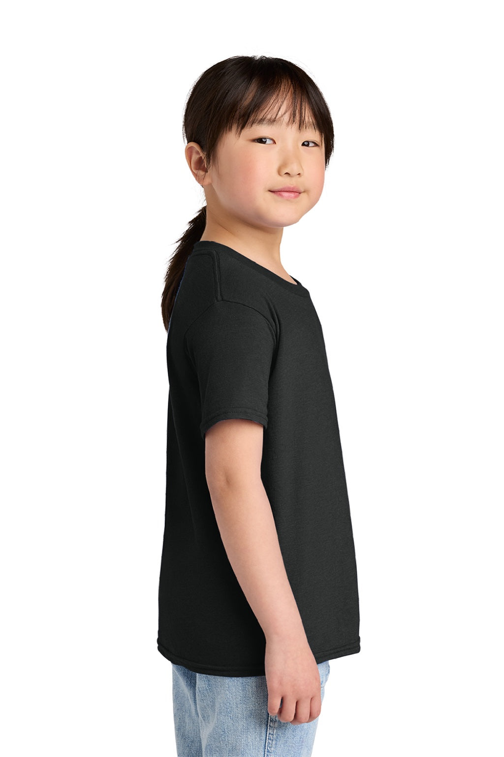 Gildan 64000BCVC Youth Softstyle CVC Short Sleeve Crewneck T-Shirt Pitch Black Mist Model Side