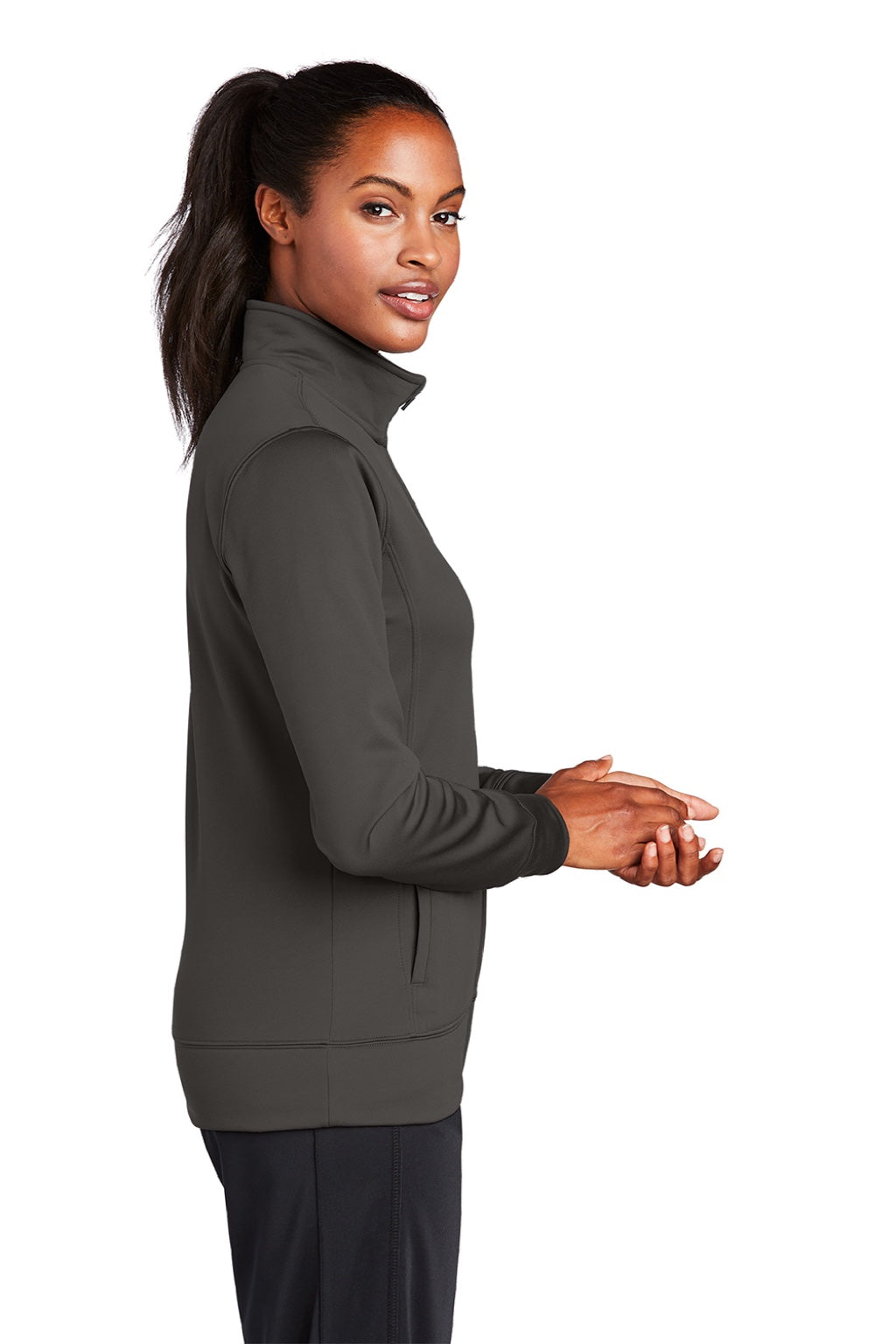 Sport-Tek LST241 Womens Sport-Wick Moisture Wicking Fleece Full Zip Sweatshirt w/ Pockets Iron Grey Model Side