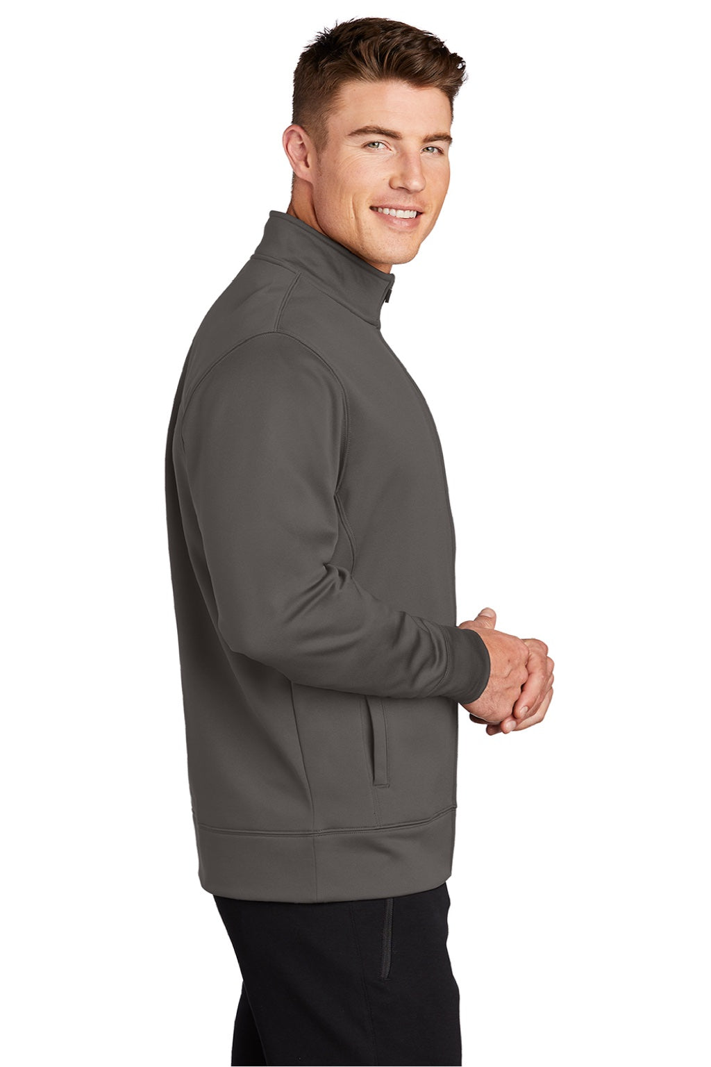Sport-Tek ST241 Mens Sport-Wick Moisture Wicking Fleece Full Zip Sweatshirt w/ Pockets Iron Grey Model Side