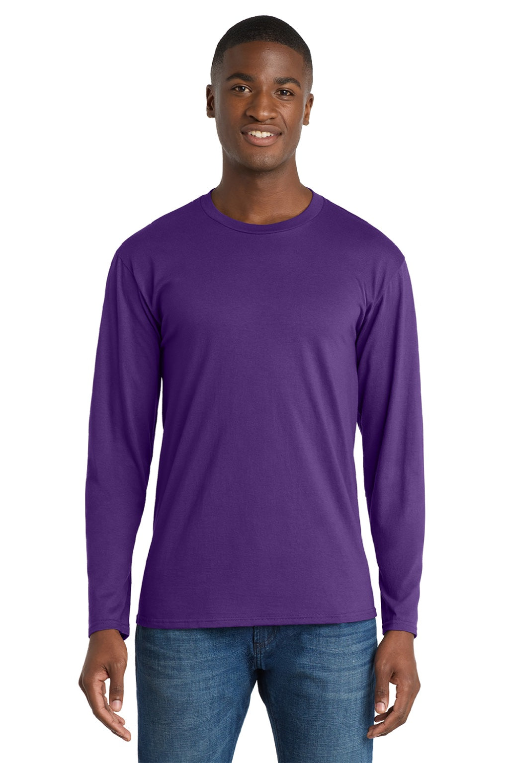 Port & Company PC450LS Mens Fan Favorite Long Sleeve Crewneck T-Shirt Team Purple Model Front