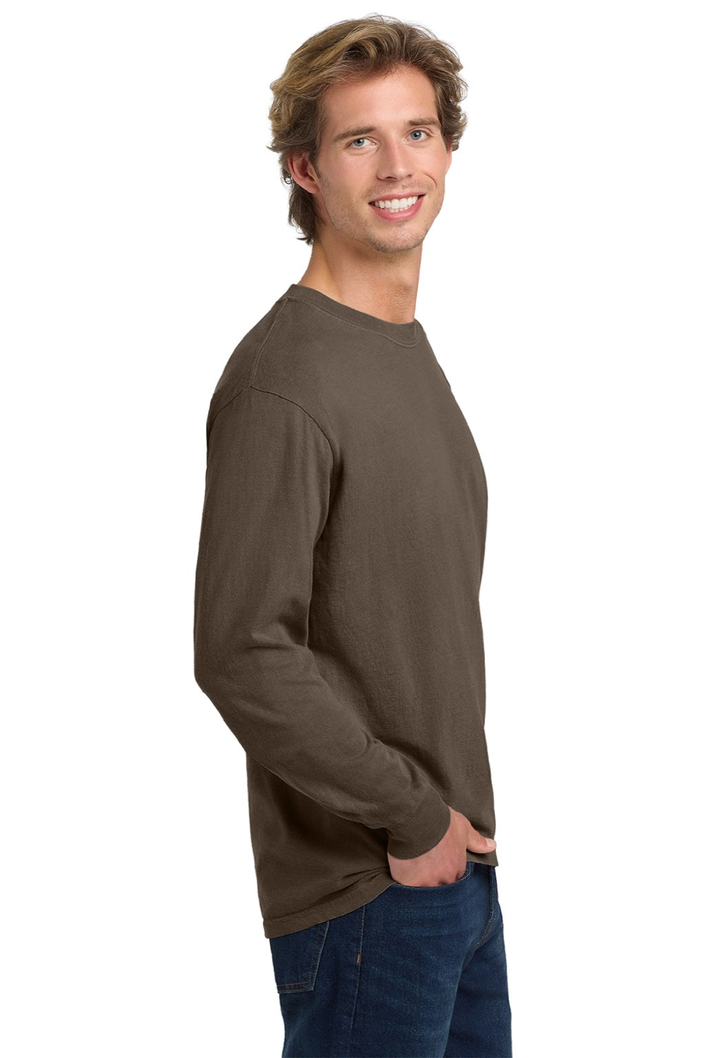 Comfort Colors 6014/C6014 Mens Long Sleeve Crewneck T-Shirt Espresso Brown Model Side