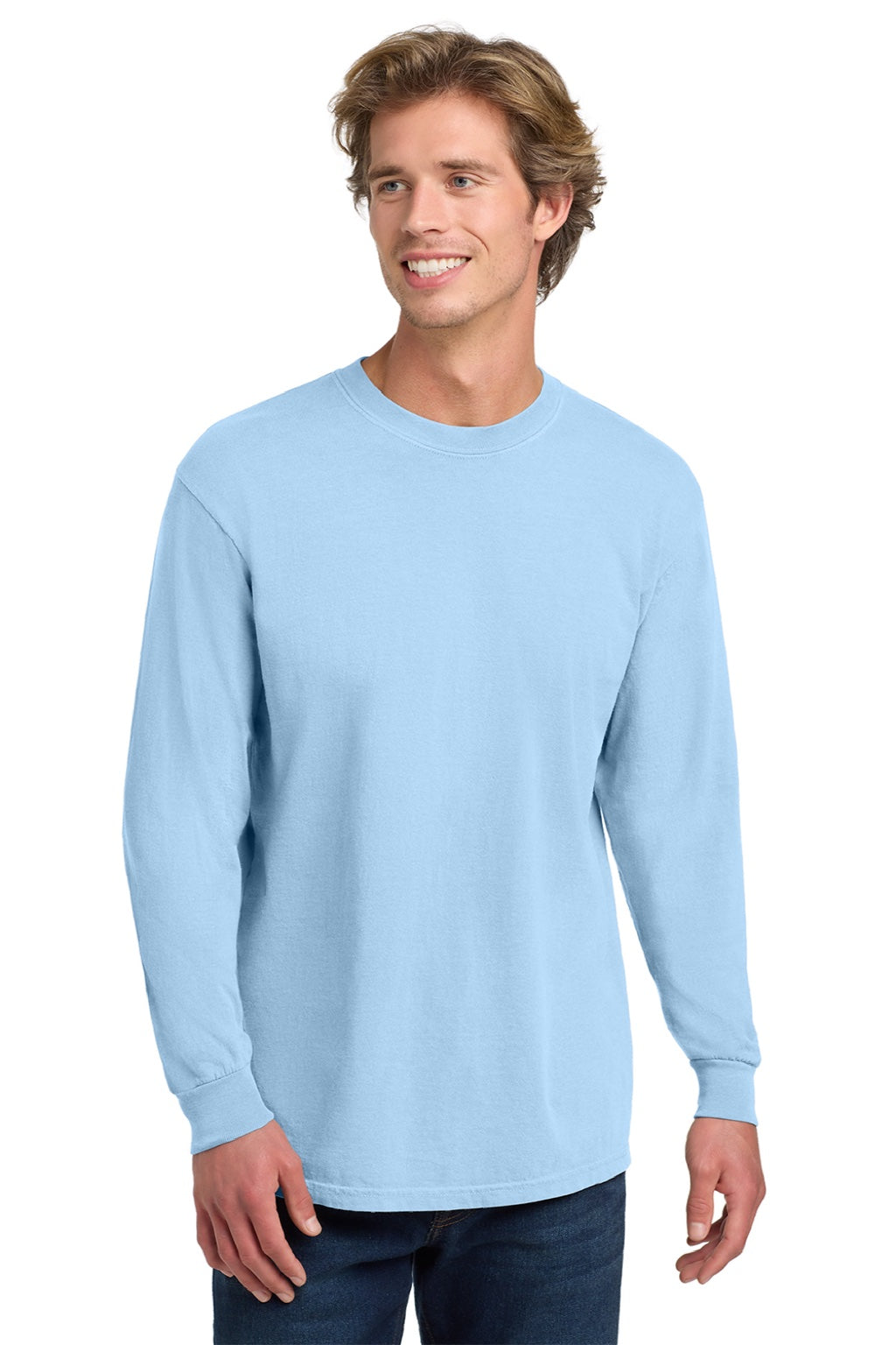 Comfort Colors 6014/C6014 Mens Long Sleeve Crewneck T-Shirt Hydrangra Blue Model Front