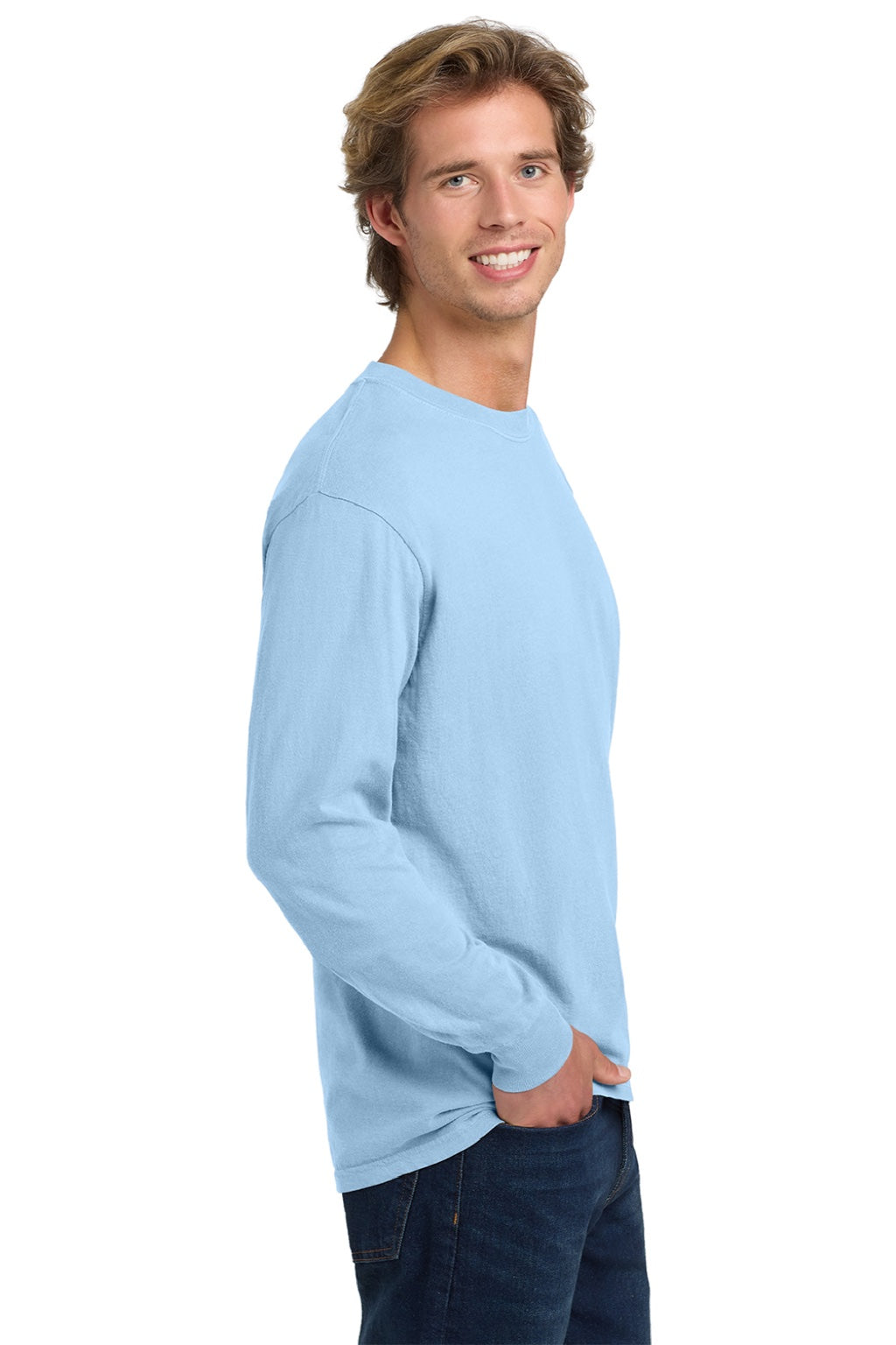 Comfort Colors 6014/C6014 Mens Long Sleeve Crewneck T-Shirt Hydrangra Blue Model Side
