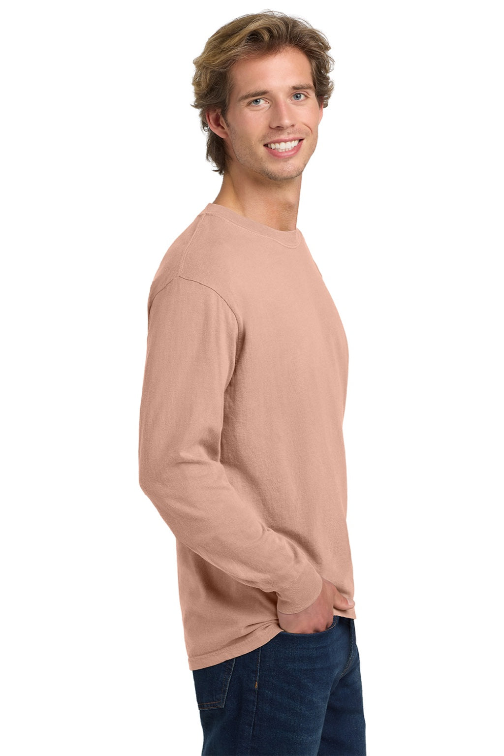 Comfort Colors 6014/C6014 Mens Long Sleeve Crewneck T-Shirt Peachy Model Side