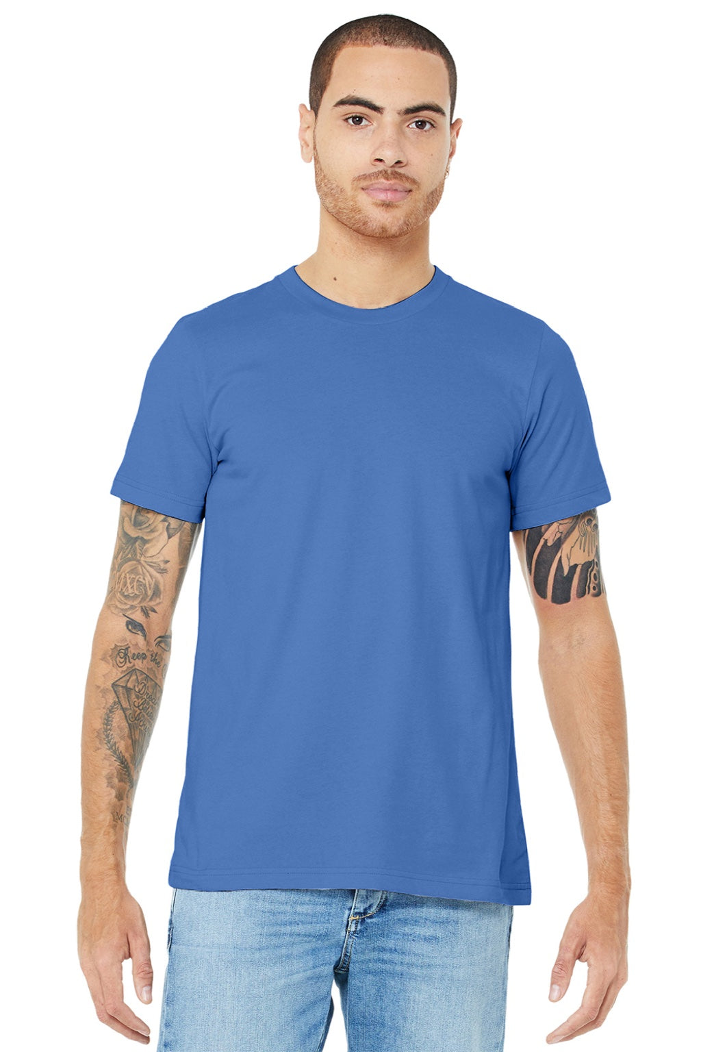 Bella + Canvas BC3001/3001 Mens Jersey Short Sleeve Crewneck T-Shirt Columbia Blue Model Front