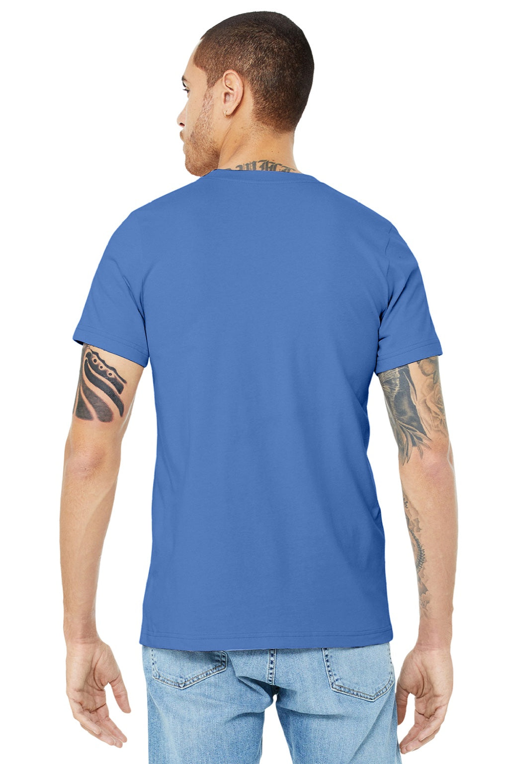 Bella + Canvas BC3001/3001 Mens Jersey Short Sleeve Crewneck T-Shirt Columbia Blue Model Back