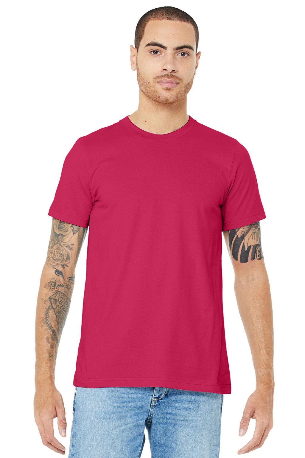 Bella + Canvas BC3001/3001 Mens Jersey Short Sleeve Crewneck T-Shirt Fuchsia Pink Model Front