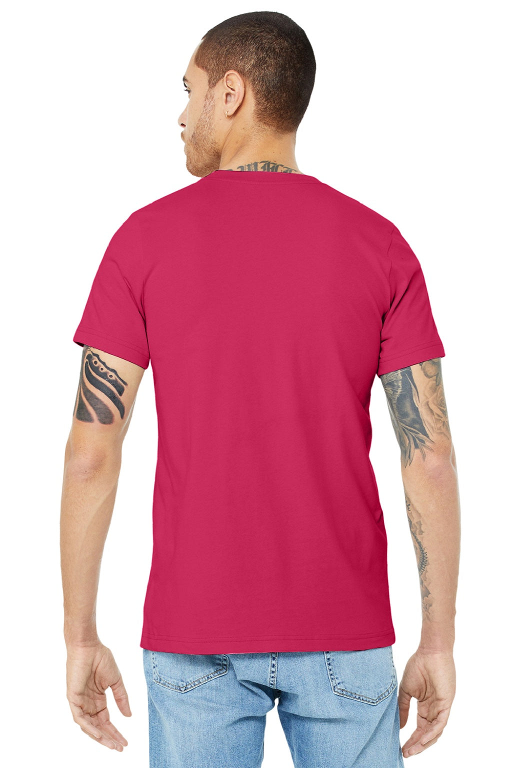Bella + Canvas BC3001/3001 Mens Jersey Short Sleeve Crewneck T-Shirt Fuchsia Pink Model Back
