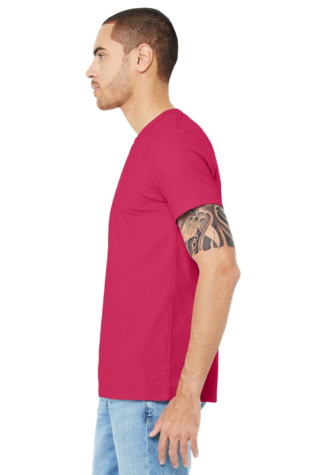 Bella + Canvas BC3001/3001 Mens Jersey Short Sleeve Crewneck T-Shirt Fuchsia Pink Model Side