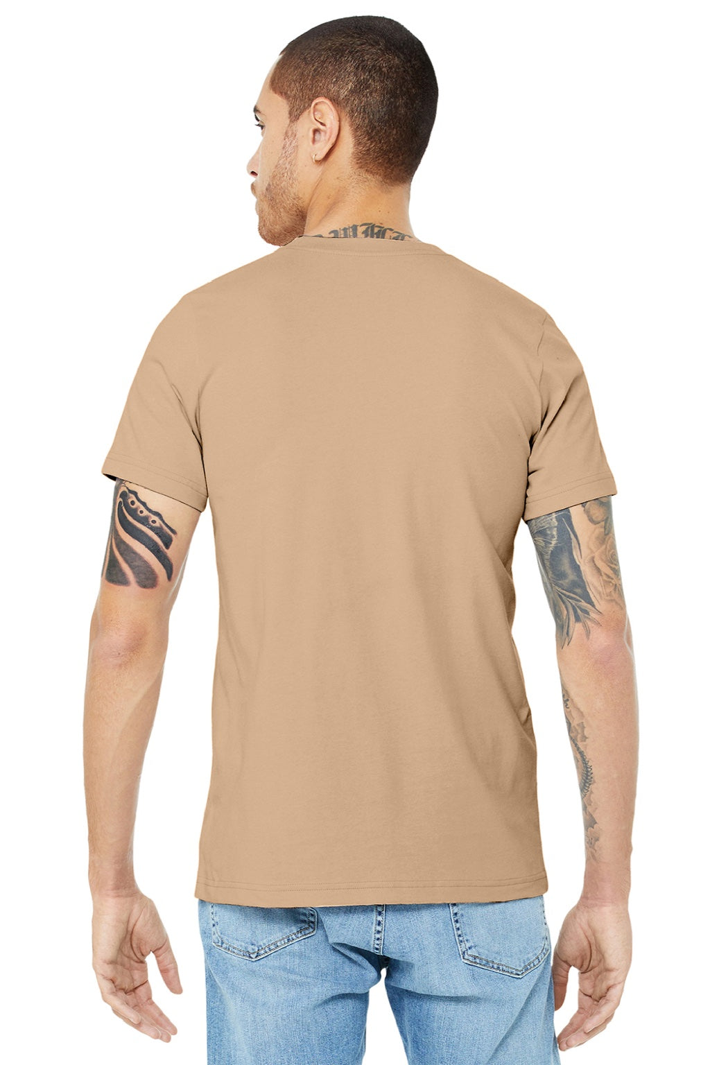Bella + Canvas BC3001/3001 Mens Jersey Short Sleeve Crewneck T-Shirt Sand Dune Model Back