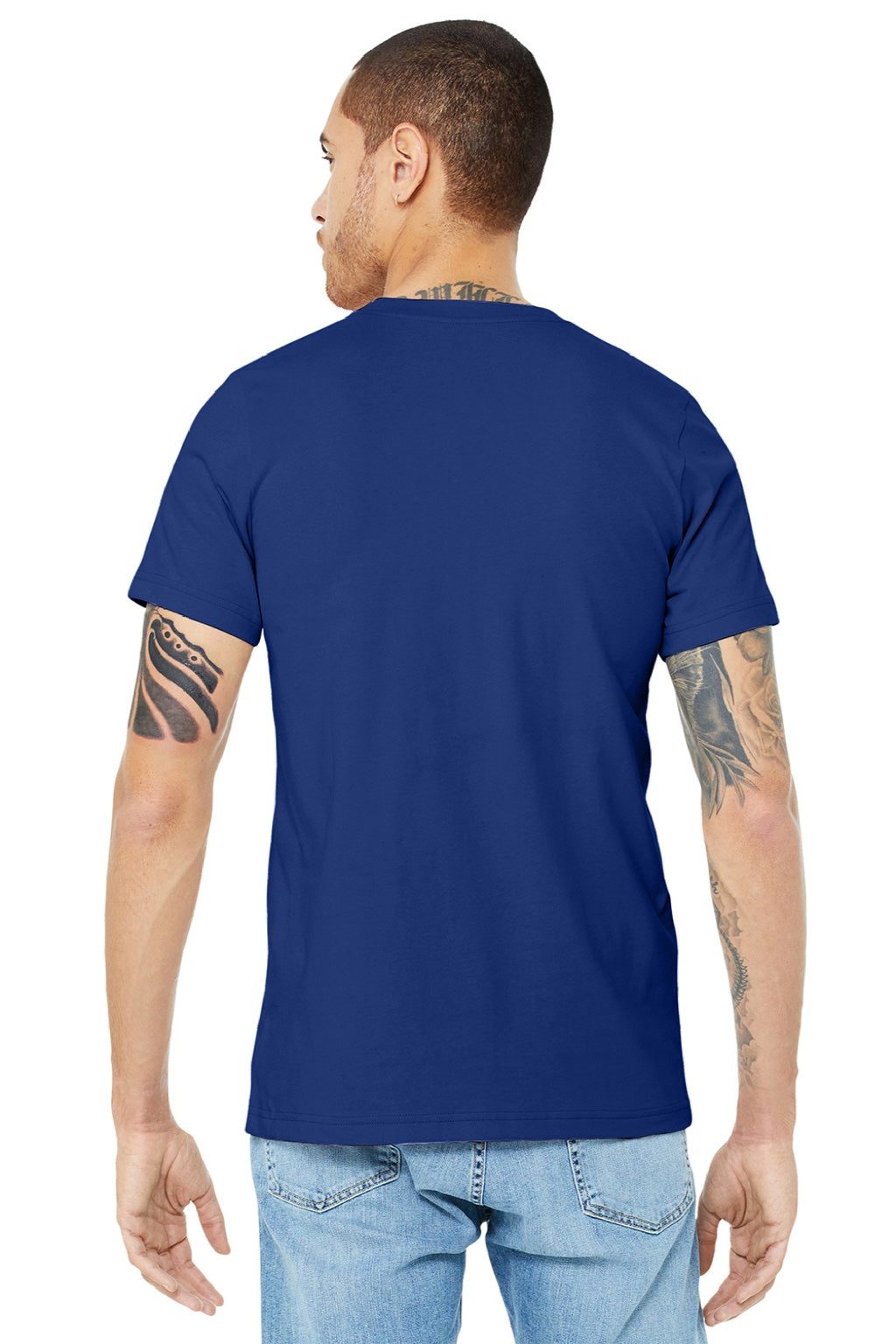 Bella + Canvas BC3001/3001 Mens Jersey Short Sleeve Crewneck T-Shirt Team Navy Blue Model Back