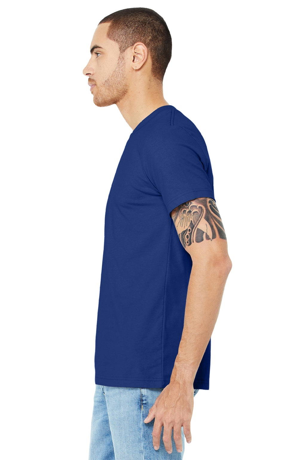 Bella + Canvas BC3001/3001 Mens Jersey Short Sleeve Crewneck T-Shirt Team Navy Blue Model Side
