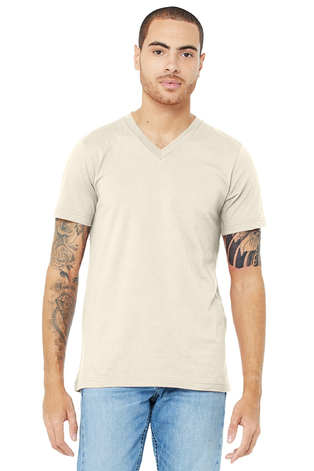 Bella + Canvas BC3005/3005 Mens Jersey Short Sleeve V-Neck T-Shirt Natural Model Front