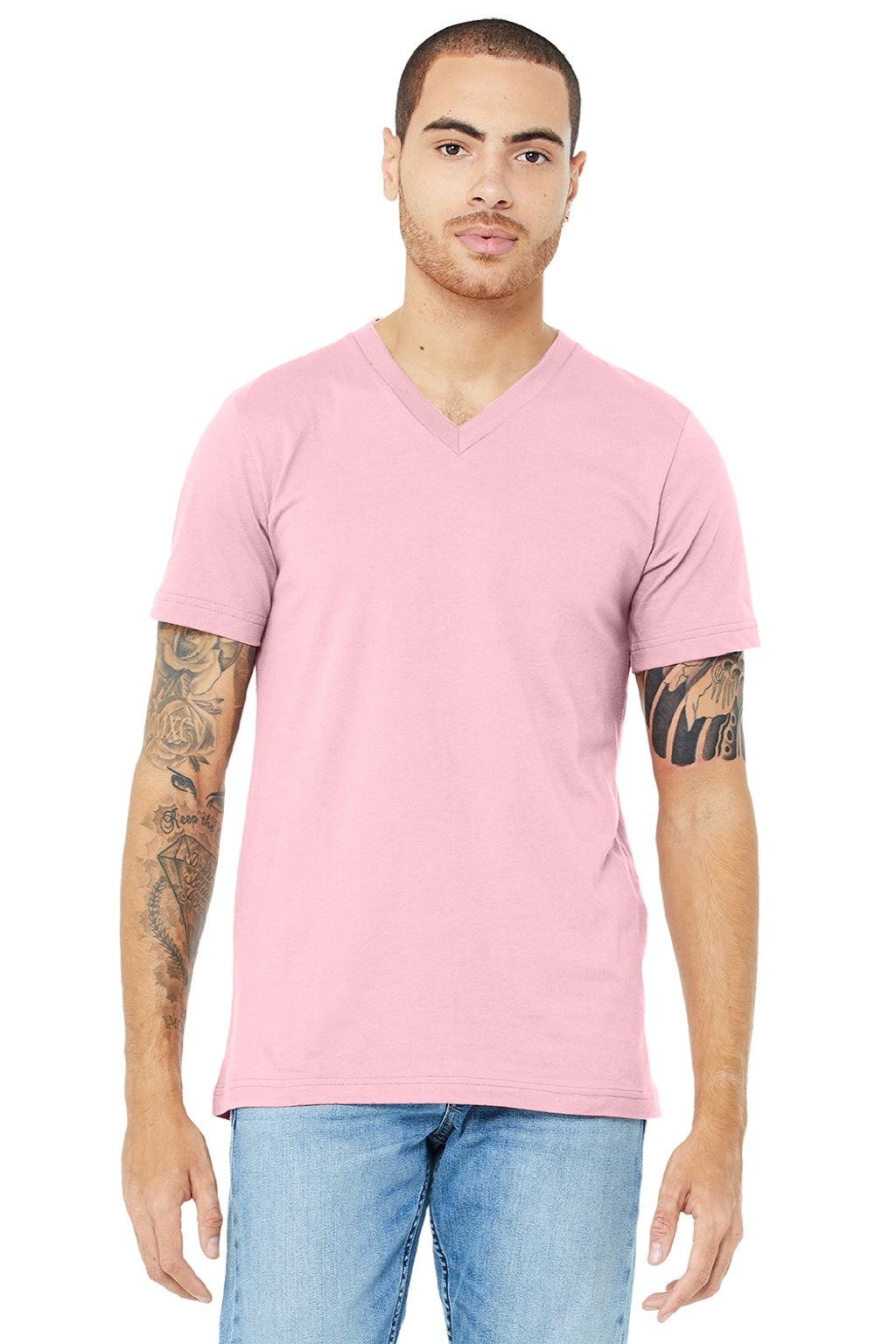 Bella + Canvas BC3005/3005 Mens Jersey Short Sleeve V-Neck T-Shirt Pink Model Front