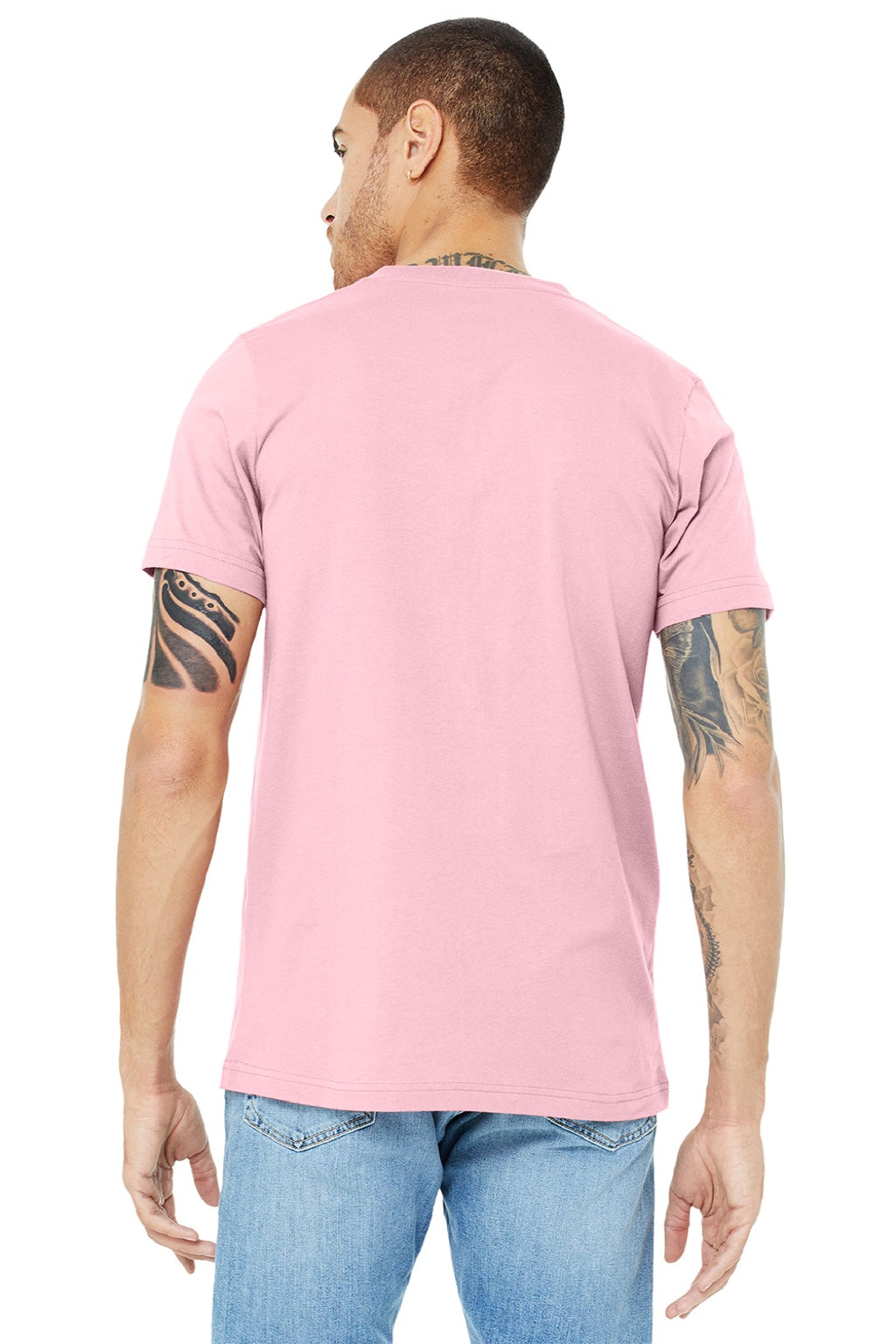 Bella + Canvas BC3005/3005 Mens Jersey Short Sleeve V-Neck T-Shirt Pink Model Back