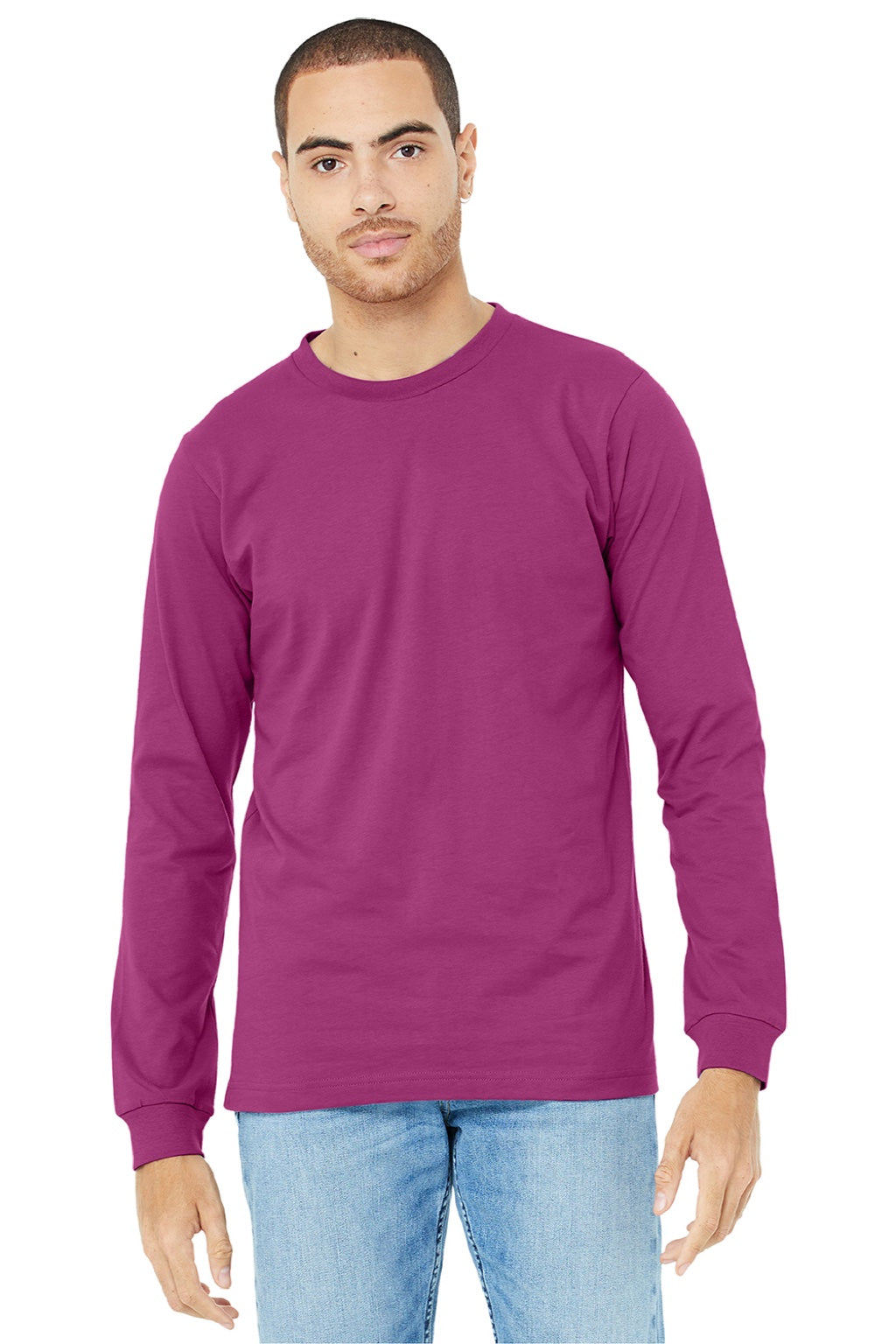 Bella + Canvas BC3501/3501 Mens Jersey Long Sleeve Crewneck T-Shirt Berry Pink Model Front