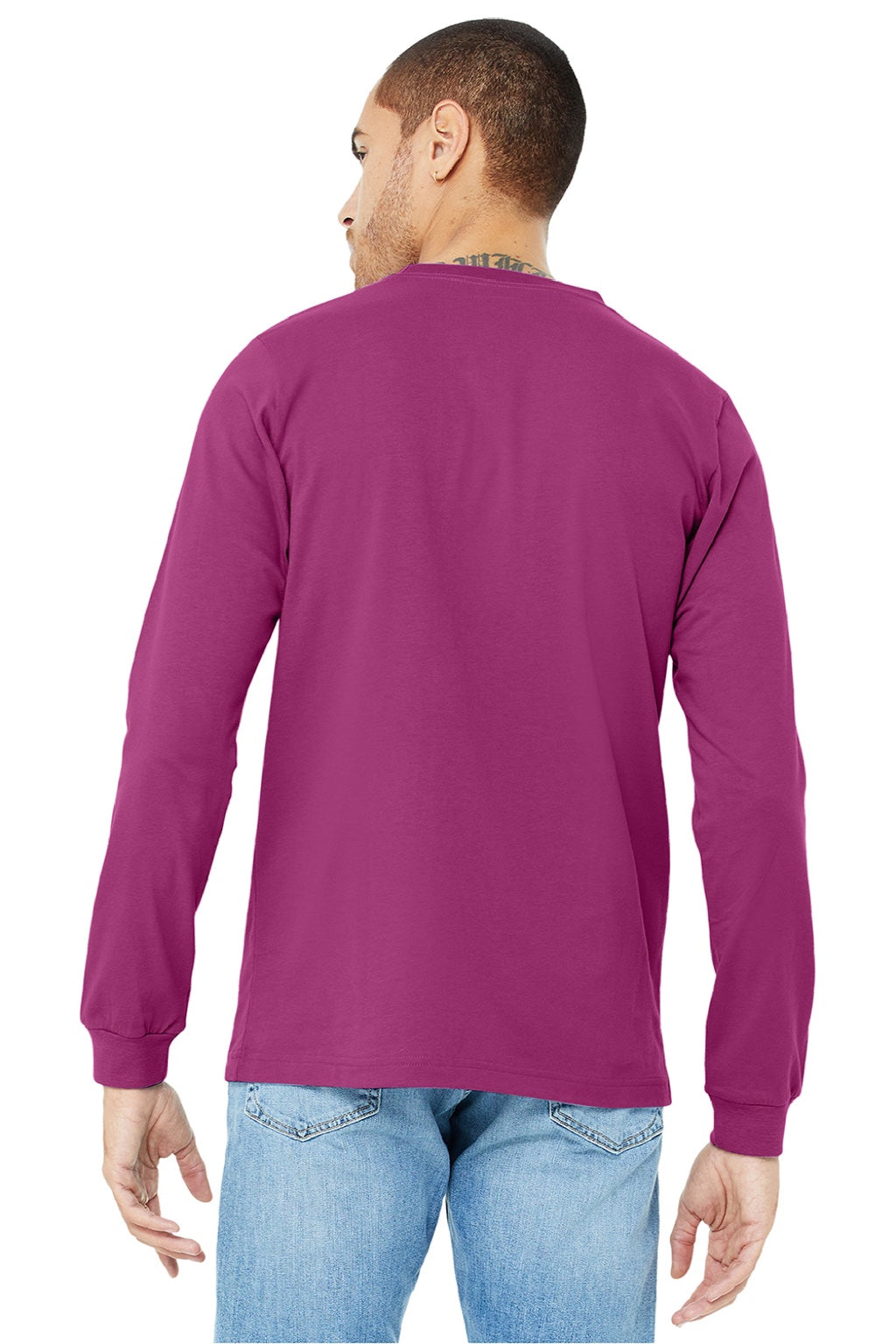Bella + Canvas BC3501/3501 Mens Jersey Long Sleeve Crewneck T-Shirt Berry Pink Model Back