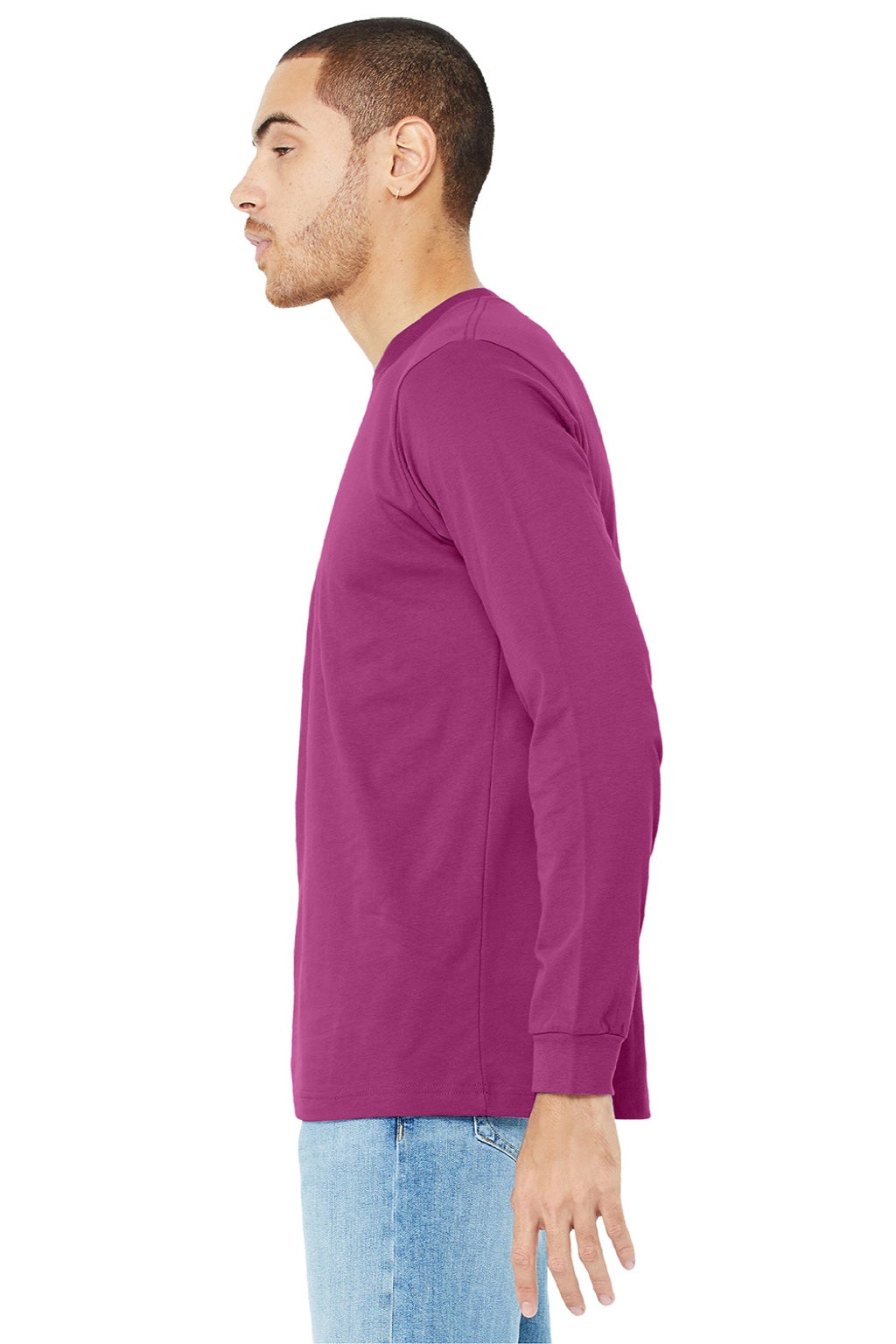 Bella + Canvas BC3501/3501 Mens Jersey Long Sleeve Crewneck T-Shirt Berry Pink Model Side