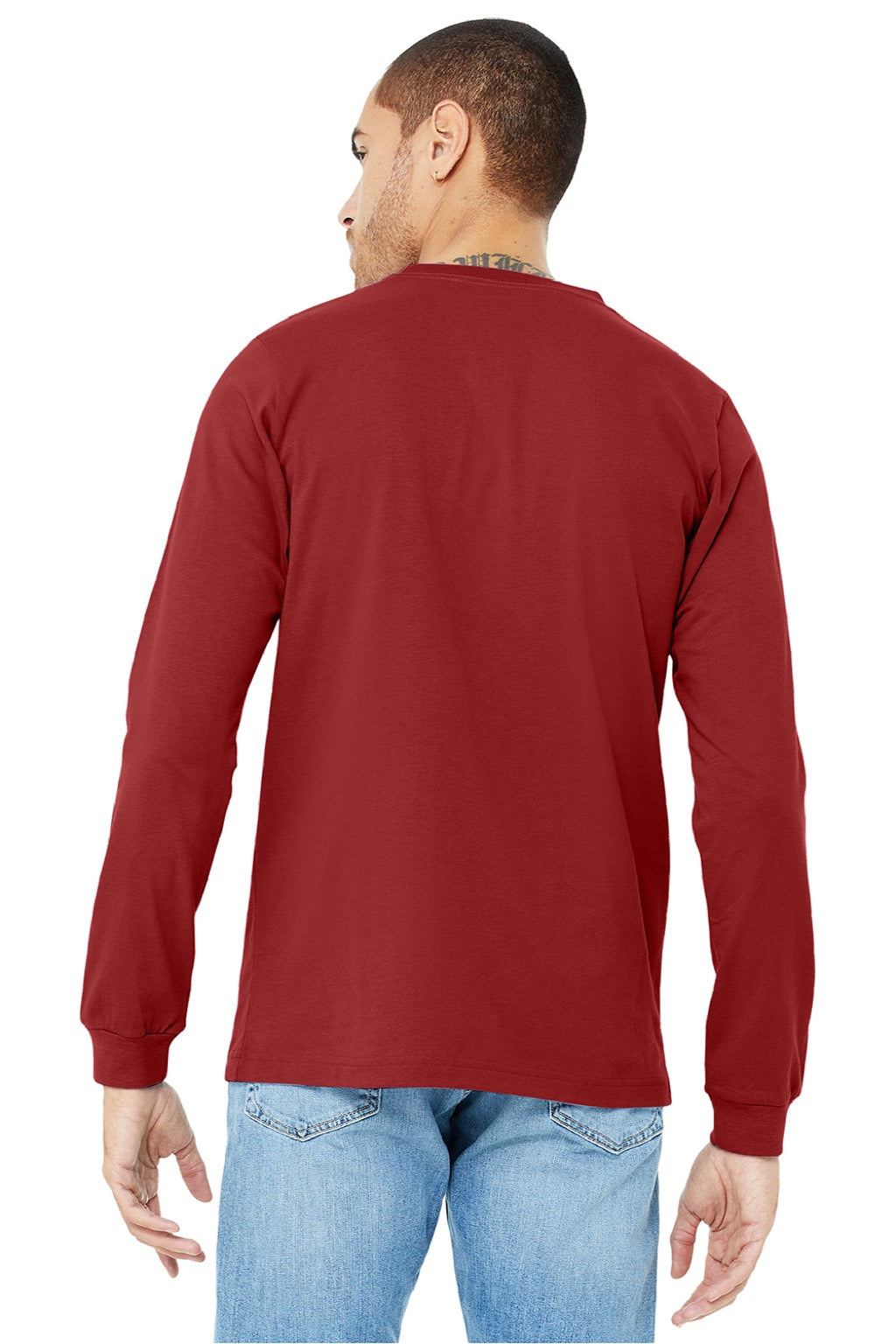 Bella + Canvas BC3501/3501 Mens Jersey Long Sleeve Crewneck T-Shirt Canvas Red Model Back